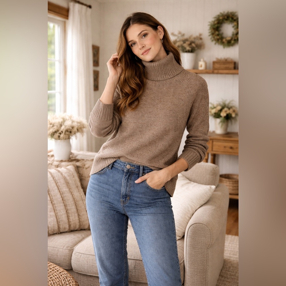 Karen Scott Petite Small Cozy Brown Turtleneck Sweater Cottagecore Cabin